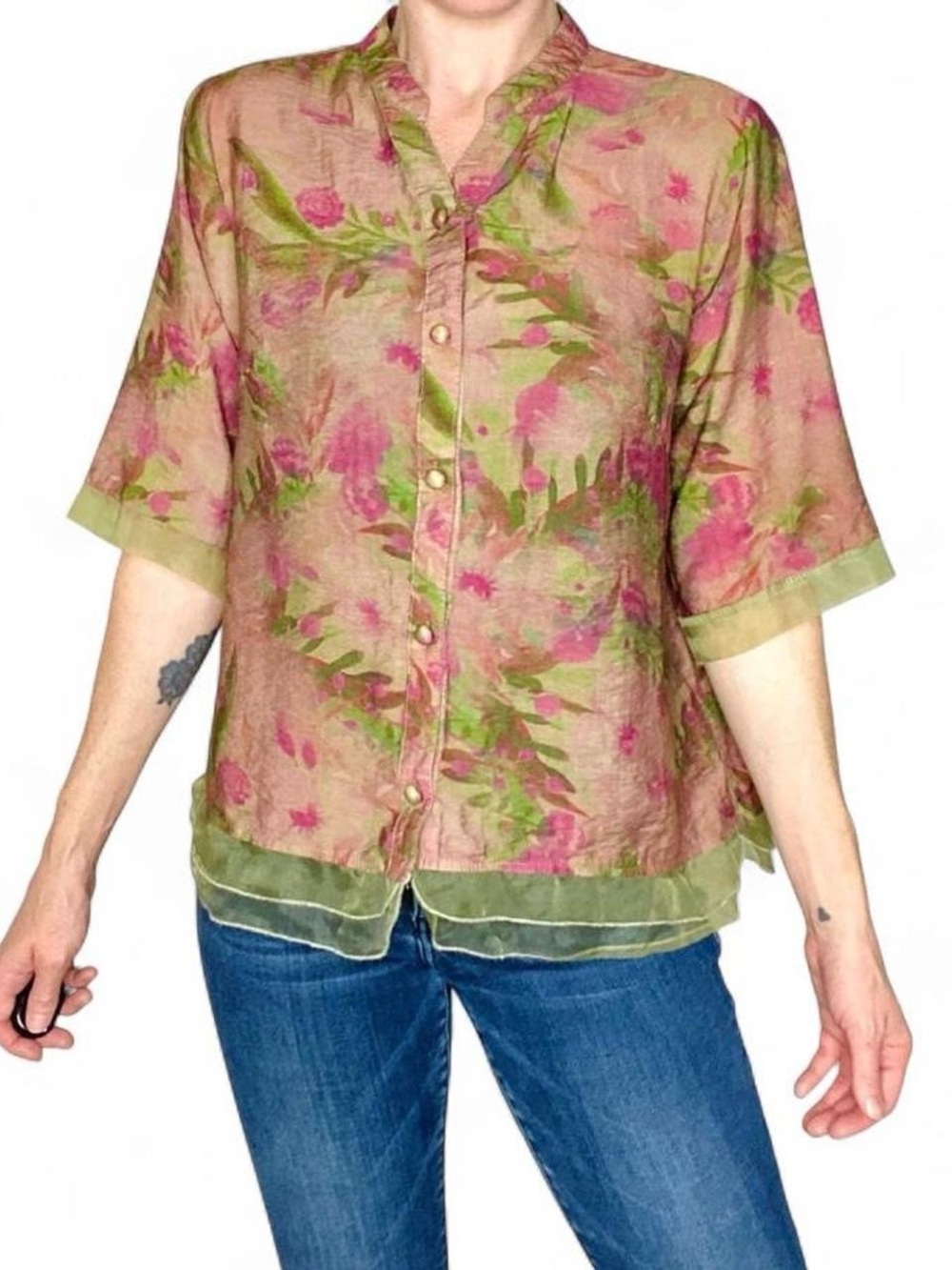 Vintage Y2K Green Pink Floral Fairy Button Down Blouse